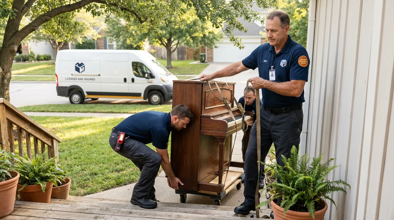 Licensed piano movers securing grand piano in Richlands, NC