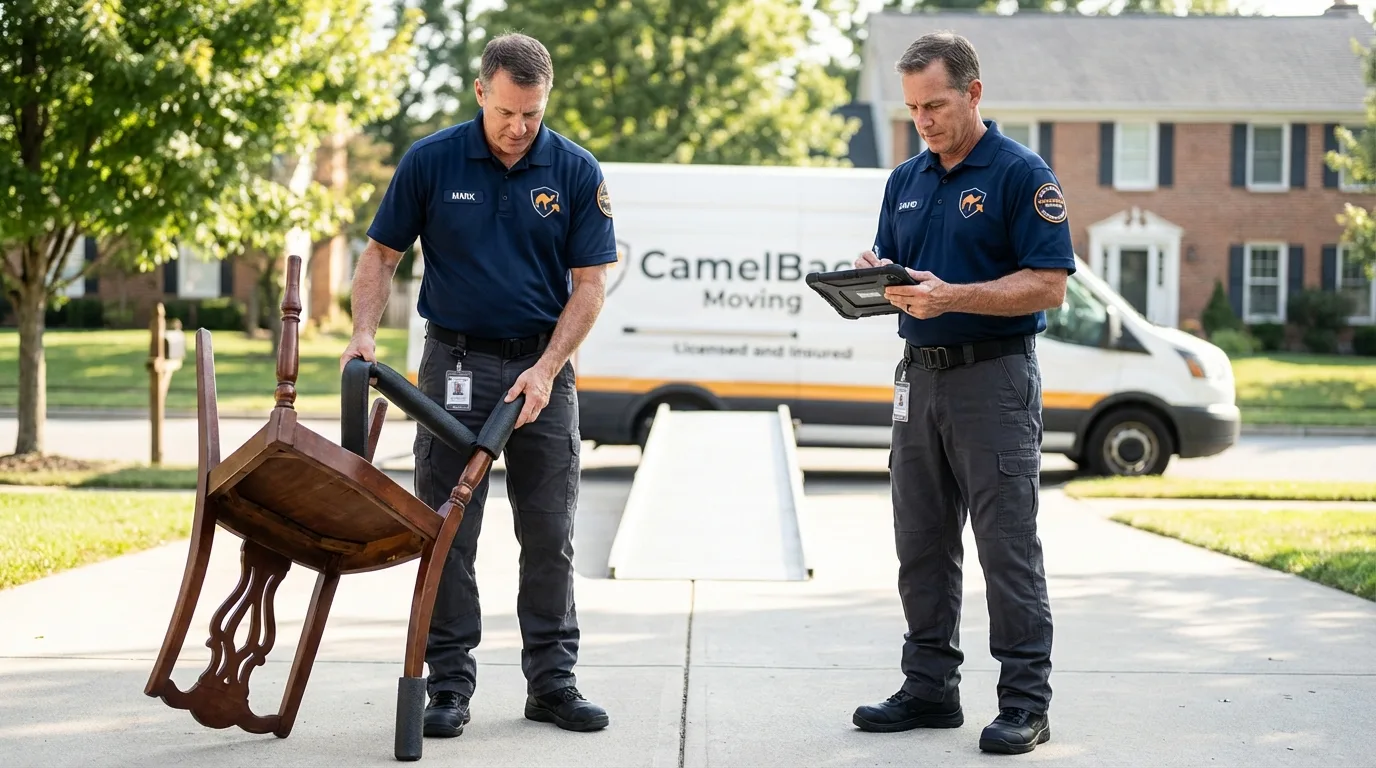 Movers inspecting furniture for damage prevention before loading in Richlands, NC